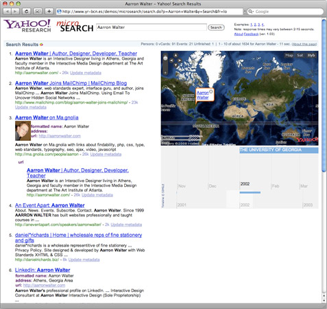Screenshot of search for Aarron Walter in Yahoo! microSearch